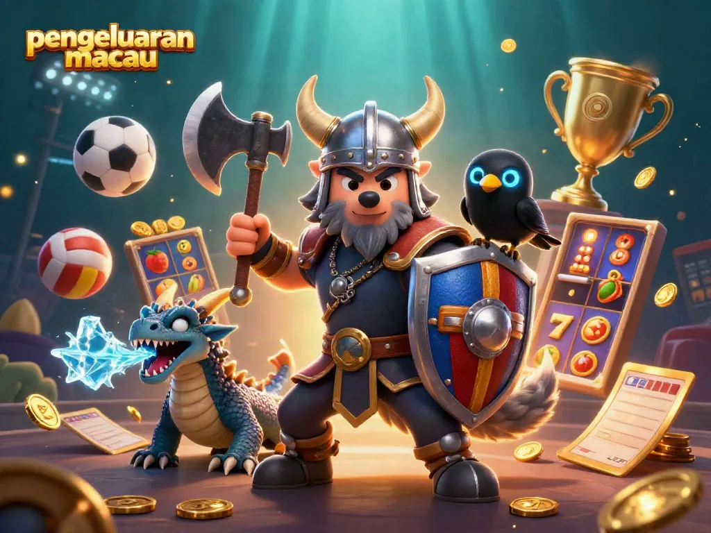 Experience pengeluaran macau with a dynamic casino scene featuring a heroic Viking wolf warrior, dragon, and immersive game action.