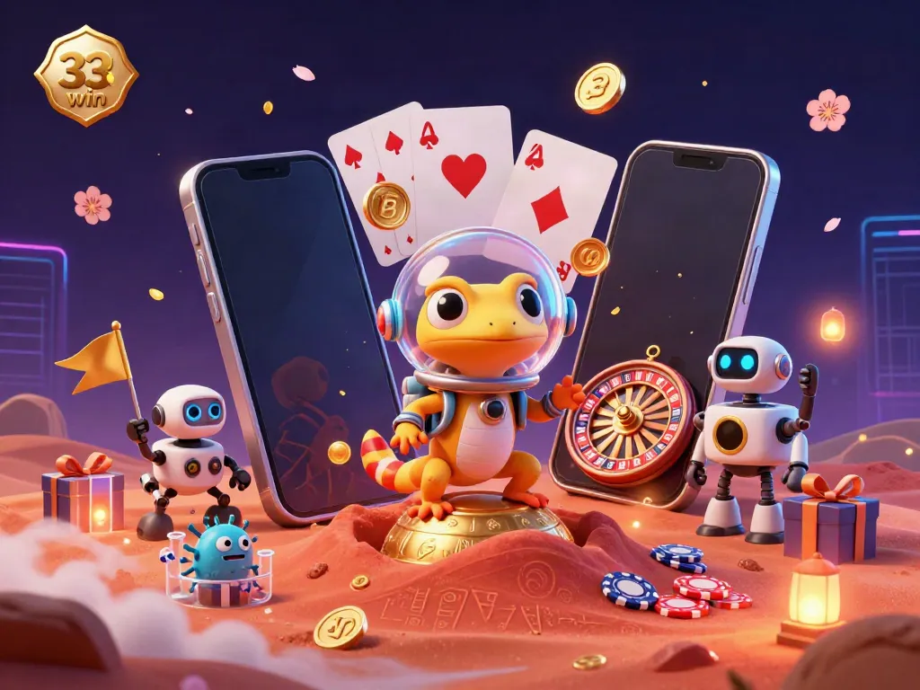 Experience the excitement of 33win with a Martian gecko discovering a golden casino amidst dynamic game elements.