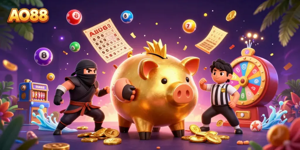 Experience thrilling action at AO88 with a vibrant scene of colorful lottery balls, golden coins, and dynamic characters.