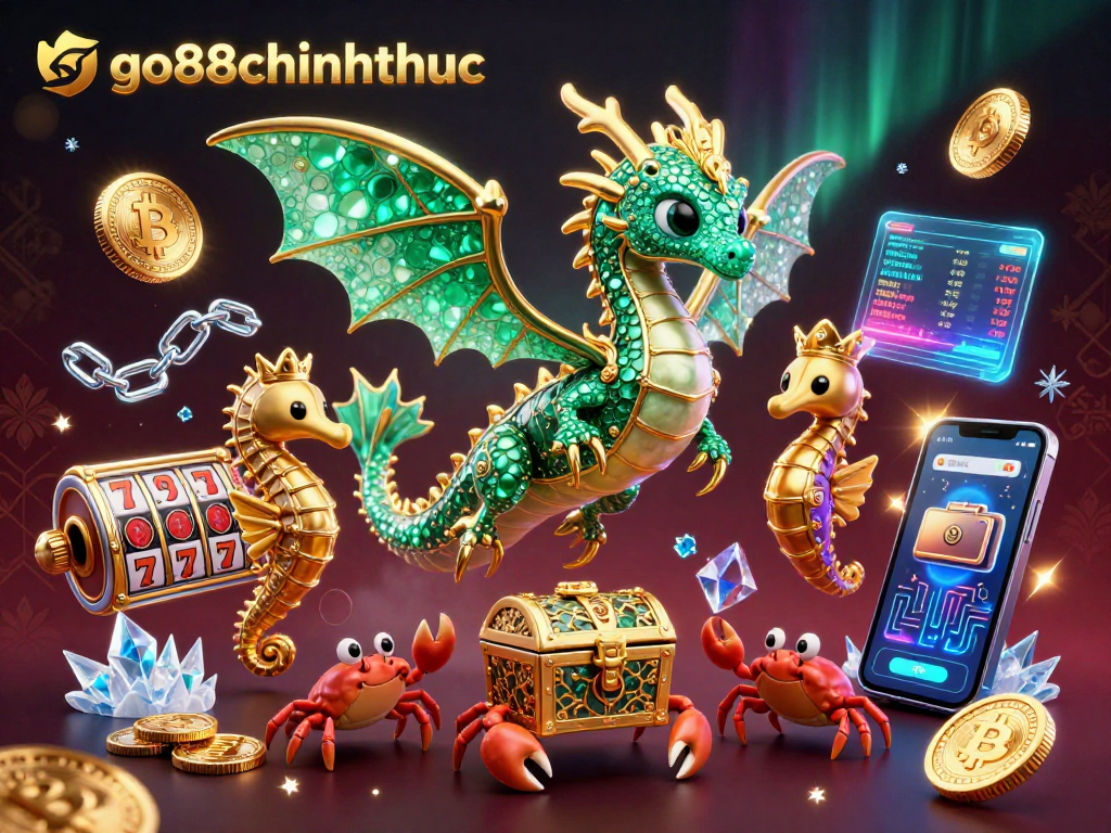 Engage with the vibrant go88chinhthuc casino adventure featuring a sea dragon amidst crypto coins.