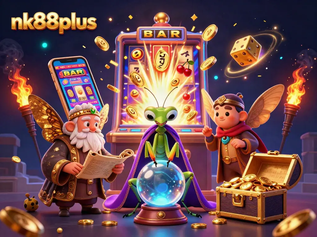 Engage with nk88plus as a vibrant 3D illustration of casino excitement, featuring slot machines and fortune tellers.