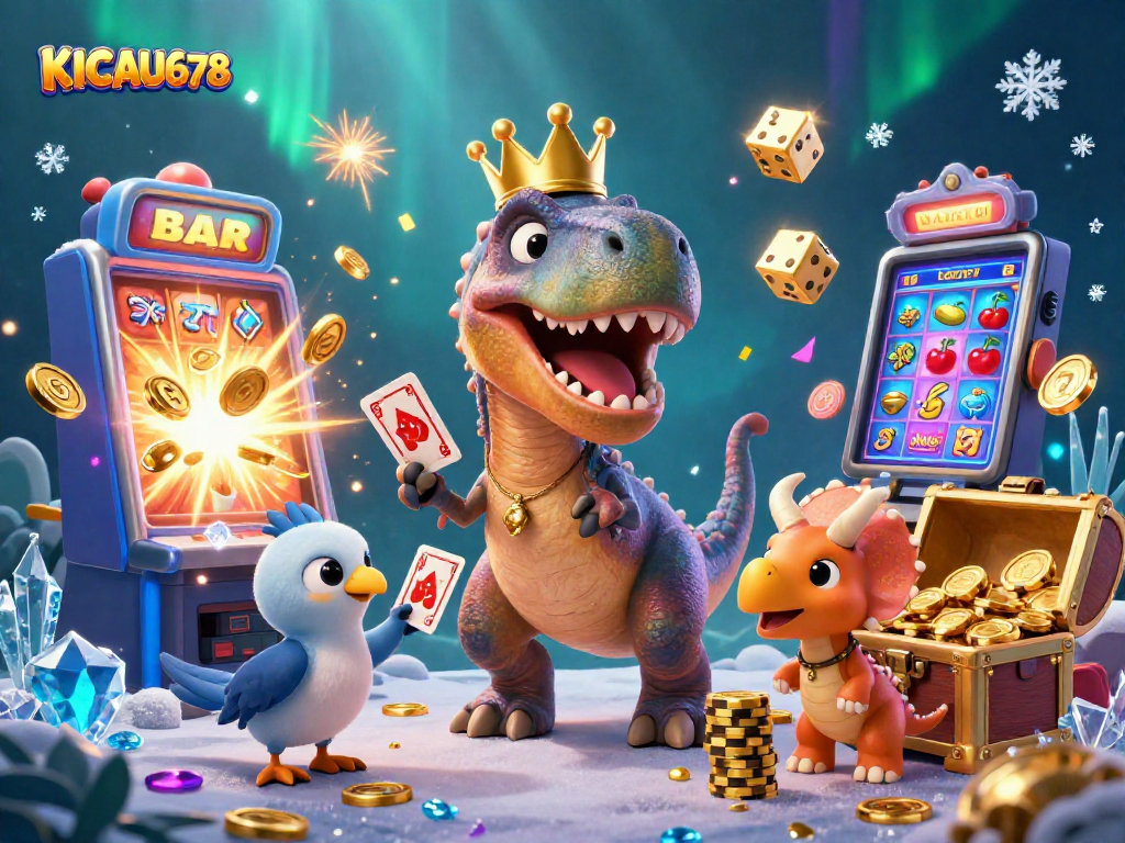 KICAU678 players enjoying a vibrant slot machine scene with engaging 3D characters and casino elements.