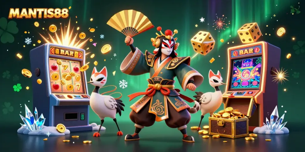 Join the excitement with MANTIS88 in this vibrant casino-themed 3D illustration featuring dynamic action and rich details.
