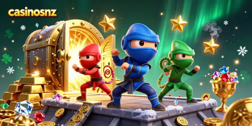 Experience thrilling action with casinosnz as ninja chameleons battle for treasures in an exciting 3D scene.