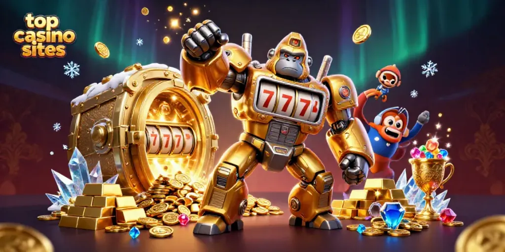 Showcase thrilling action at top casino sites with a golden mech and jewel-filled vault.