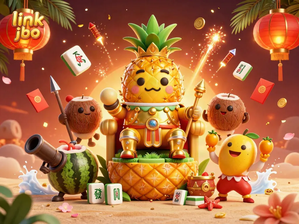 Engage with the dynamic scene of link jbo's beach casino featuring a golden pineapple king and colorful characters in a festive atmosphere.