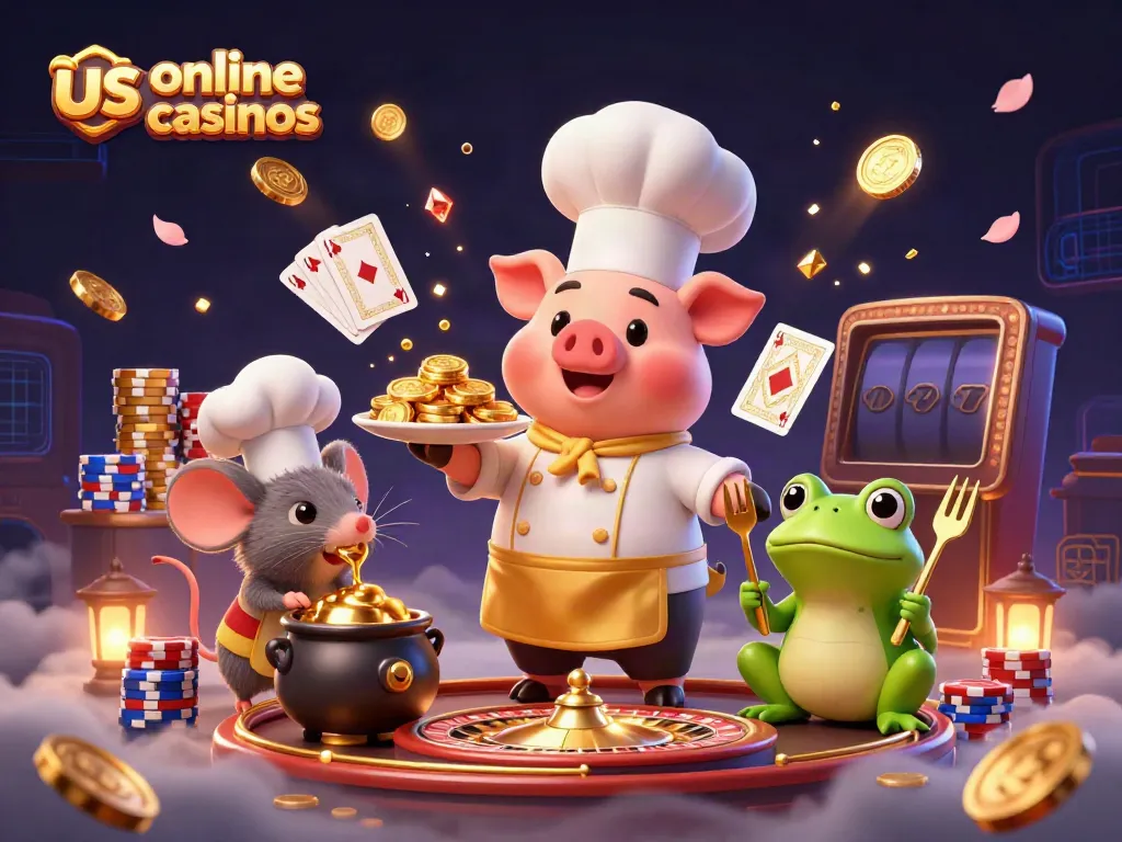 Engage in us online casinos with a chef pig serving gold coins in a vibrant 3D casino setting.
