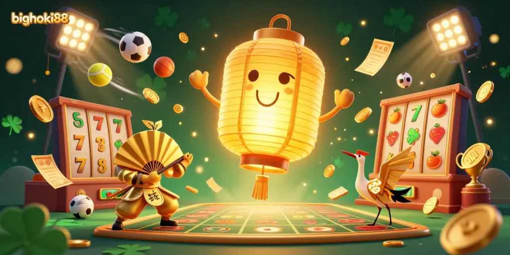 Menangkan jackpot dengan bighoki88 dalam ilustrasi kasino slot yang memukau dan berwarna cerah.