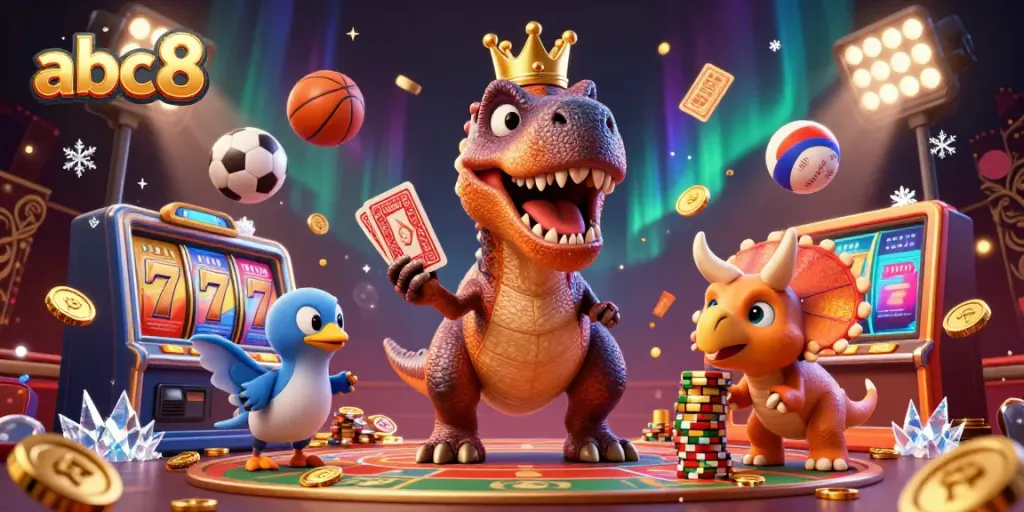 abc8 showcases an energetic T-Rex shuffled cards in a vibrant casino scene filled with slots and sports elements.