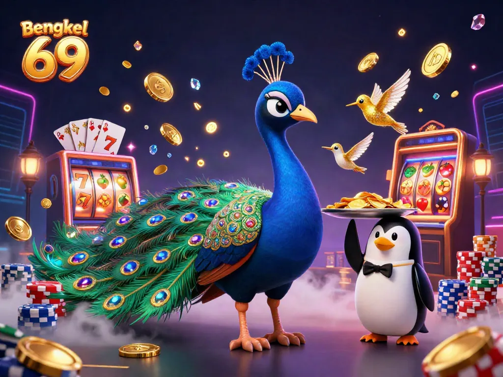 Cascade golden coins around majestic peacock symbolizing luck at Bengkel 69 casino.