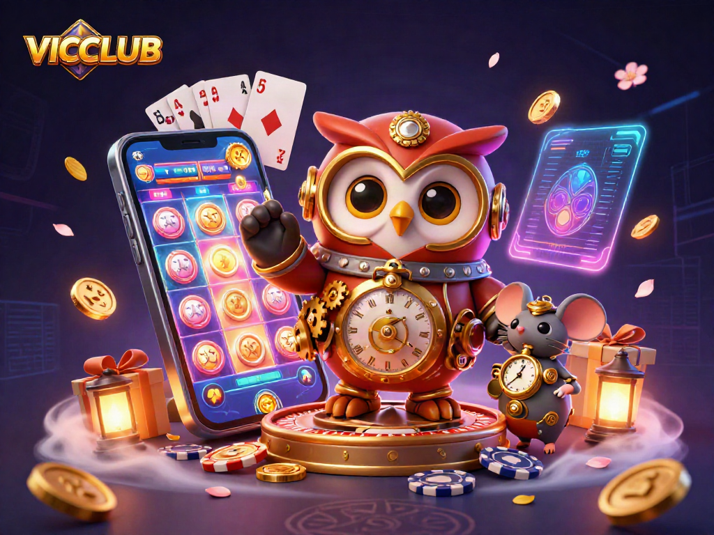 Experience the excitement of VICCLUB with a vibrant 3D casino scene, featuring games and dynamic casino elements.