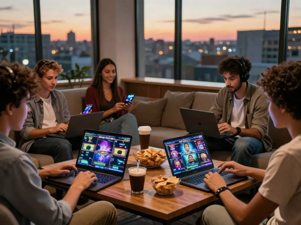 Relaxed gaming scene with friends enjoying luxury12 online slots in a cozy lounge setting.