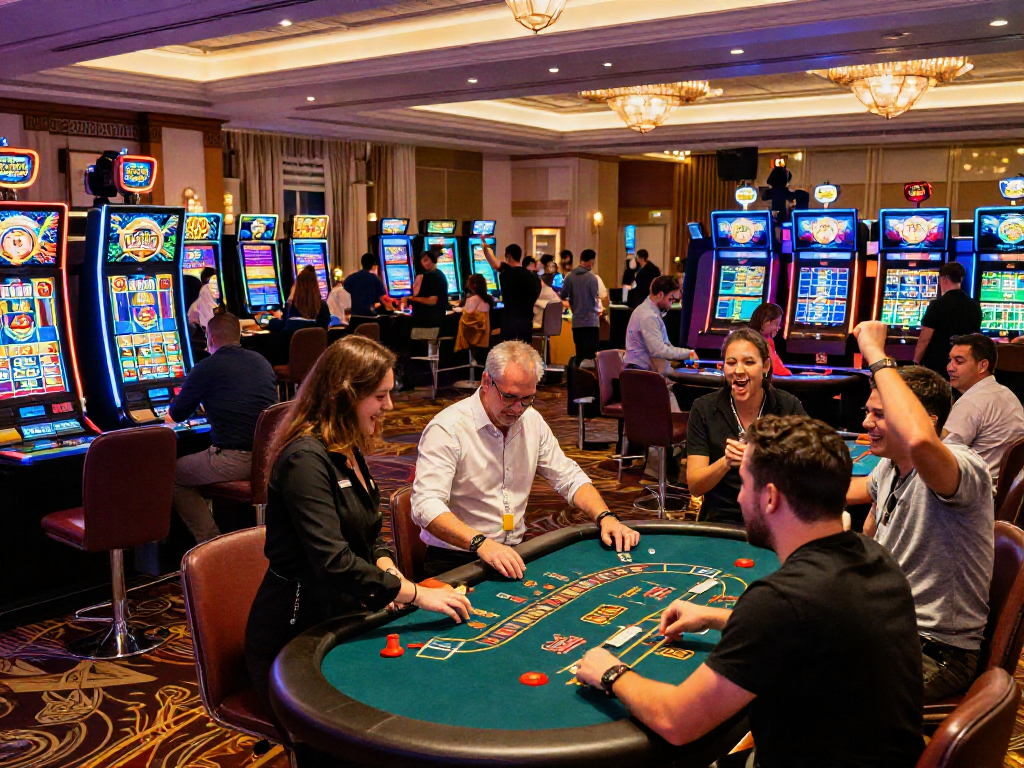 Engaging gambling scene featuring joyful players at situs toto games in a lively casino atmosphere.