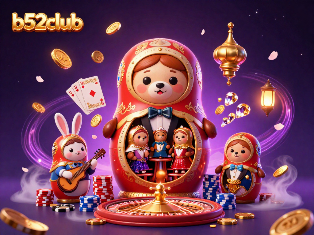 Join the excitement at b52club with colorful casino-themed characters surrounded by flying coins and a spinning roulette wheel.