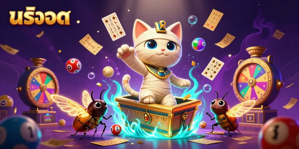 Experience thrilling สล็อต action with a mummy cat and scarab beetle in a vibrant casino scene.