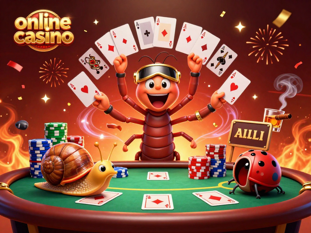 Experience thrilling online casino action with a cartoon dealer and vibrant chips in a packed scene.