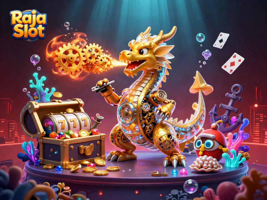 Engage with Raja Slot featuring a golden dragon and dynamic casino elements, perfect for players.