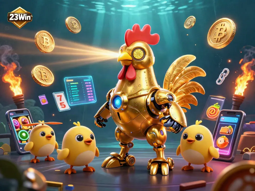 Engage in thrilling slots action with 23Win's golden rooster robot and crypto-themed elements.