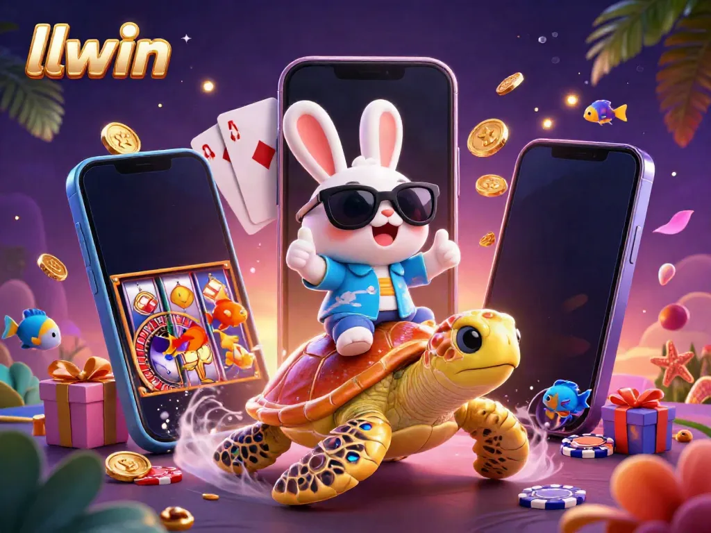 Experience thrilling games at llwin with an exciting 3D illustration of a cartoon rabbit and sea turtle amidst vibrant casino elements.