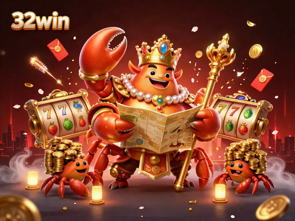 Engage with 32win's vibrant casino scene featuring a golden crab emperor amidst treasure, slot reels, and lucky symbols.