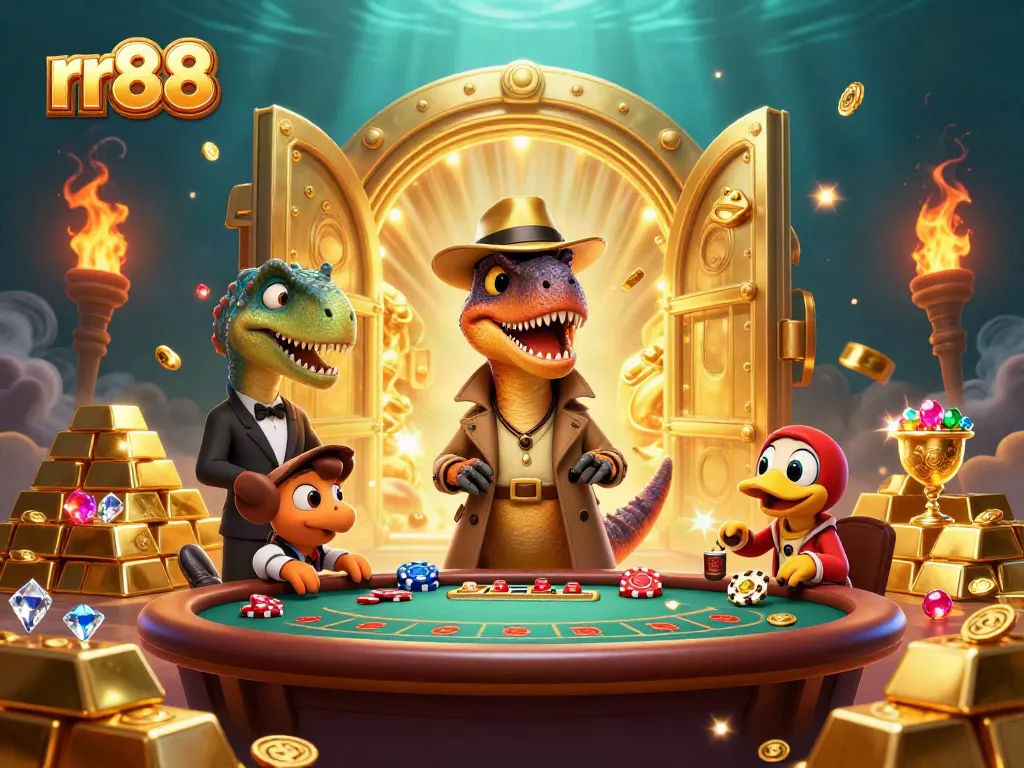 Experience casino thrills with rr88, featuring a cunning velociraptor at the blackjack table.