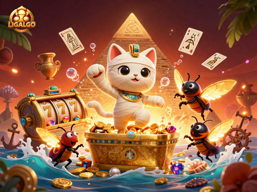 LIGALGO showcases an Egyptian-themed casino scene filled with treasures and animated characters