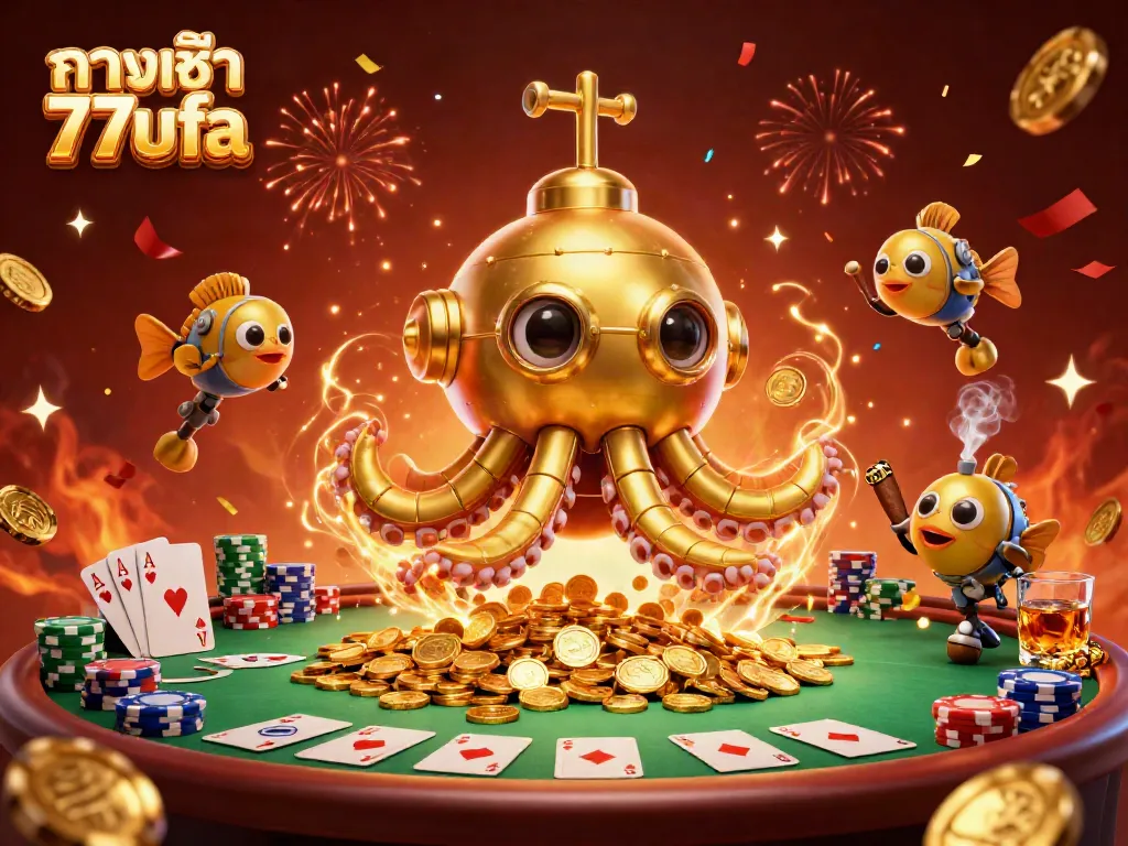 Play and win at ทางเข้า 77ufa with vibrant 3D casino illustration showcasing poker, excitement, and rewards.