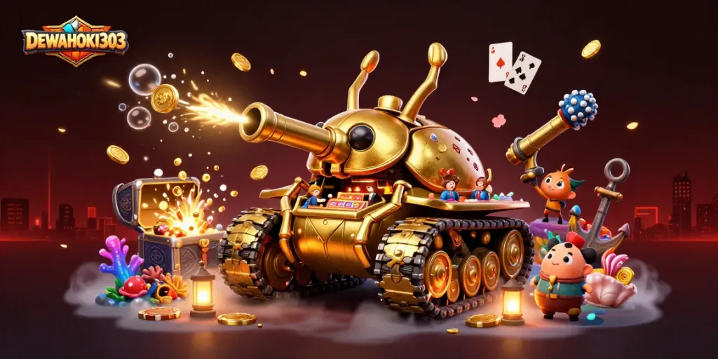 DEWAHOKI303 menampilkan tank kejuaraan megah dengan kasino mini yang berisi permainan terpancar koin emas.