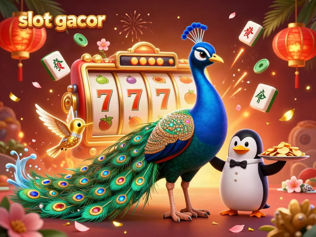 Experience the thrill of slot gacor with a vibrant 3D casino scene featuring spinning reels and festive elements.