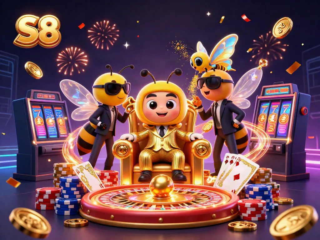 Experience the thrill of S8 with dynamic gaming features including spinning roulette wheels and golden coins.