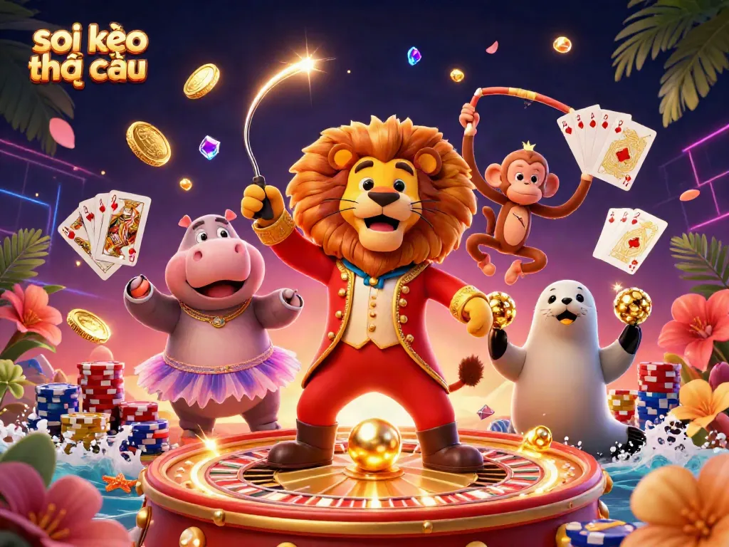 Experience thrilling betting with soi kèo nhà cái in a captivating 3D circus casino scene.