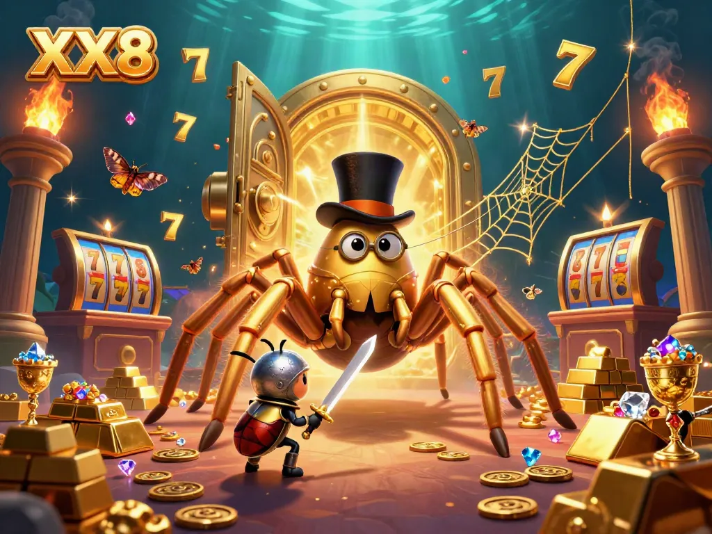 Experience the vibrant world of XX8 with a golden tarantula and a brave knight amidst casino treasures.