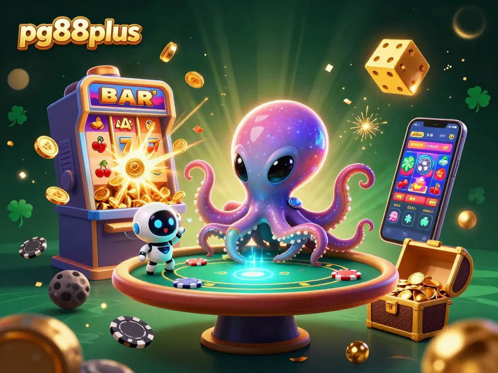 Spin the reels and win big with pg88plus in this vibrant 3D casino scene!