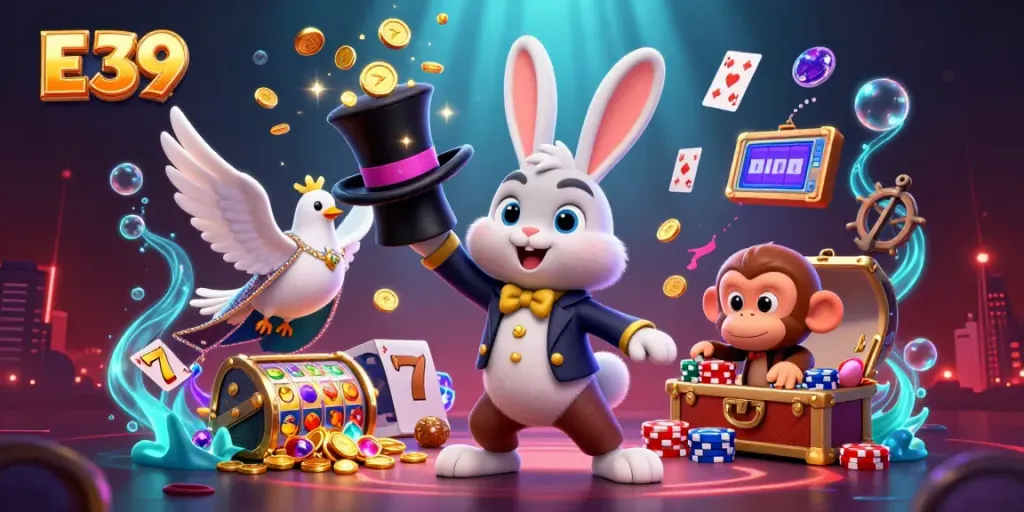 Experience thrill and excitement with E 39, showcasing a cartoon magician rabbit amidst a vibrant casino scene.