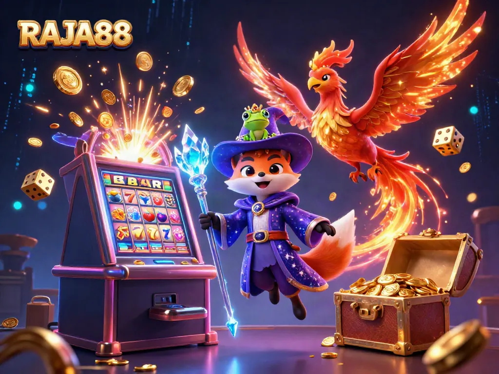 Temui RAJA88 dengan slot mesin jackpot, wizard kartun, dan efek api yang memukau.