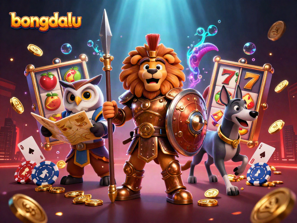 Bongdalu's 3D casino scene showcases a Spartan lion, owl strategist, and greyhound with vibrant slot reels and gold coins.