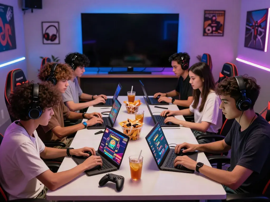 A lively group of players enjoying new credit card casinos in a vibrant gaming lounge setting.