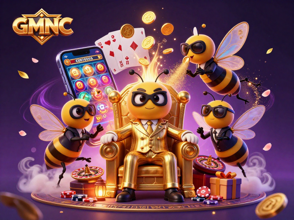 Engage with GMNC-inspired gaming themes featuring a bumblebee mob boss in a casino throne.