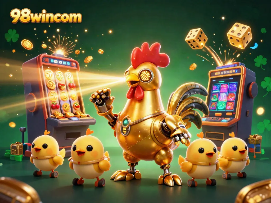 Join the excitement at 98wincom with a dazzling casino scene featuring a futuristic rooster robot and winning symbols.