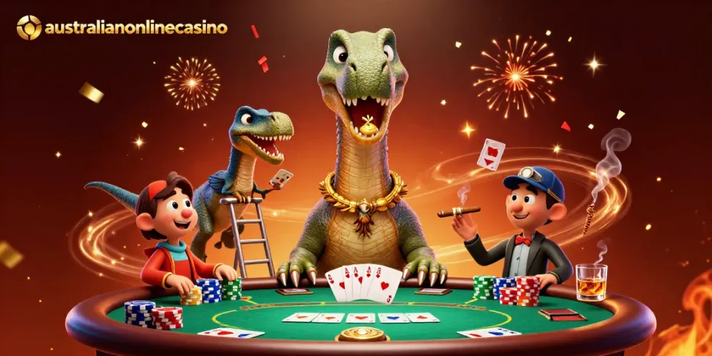 Experience the excitement at australianonlinecasino with a vibrant 3D casino scene featuring unique characters and poker elements.