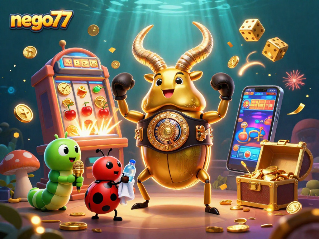 Experience the thrilling world of nego77 with a giant golden beetle boxing champion amidst vibrant casino games.