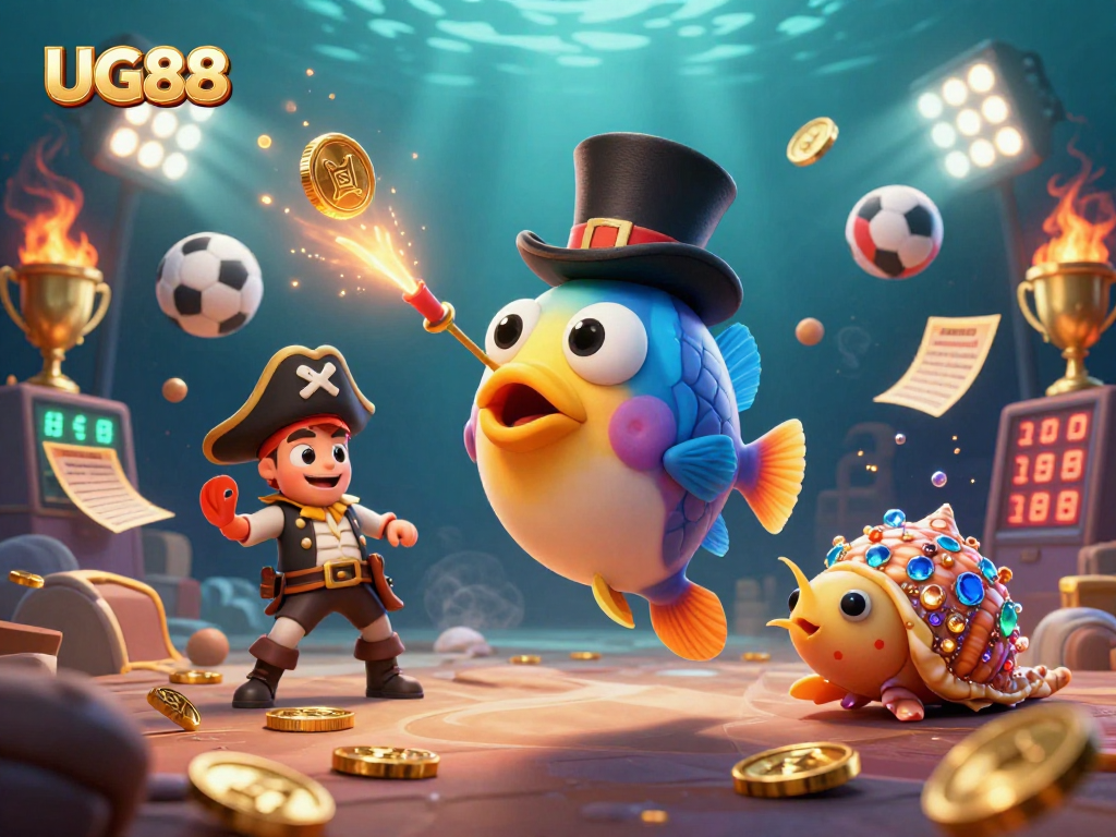 Bet on your luck with UG88 in a vibrant 3D casino scene featuring dynamic sports and treasure elements.