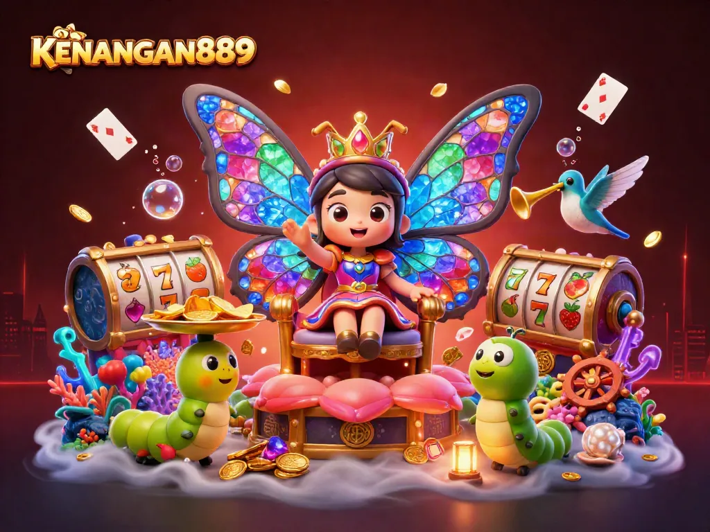 Experience the vibrant world of KENANGAN889 with a colorful cartoon casino scene full of gems and gaming elements.