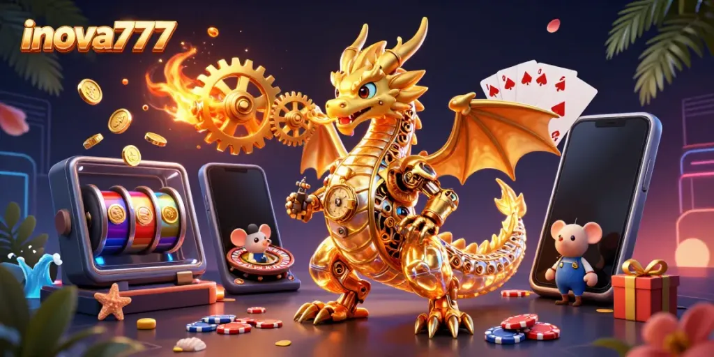 Experience thrilling gameplay with inova777, featuring a golden dragon and dynamic slot games, captivating visuals.