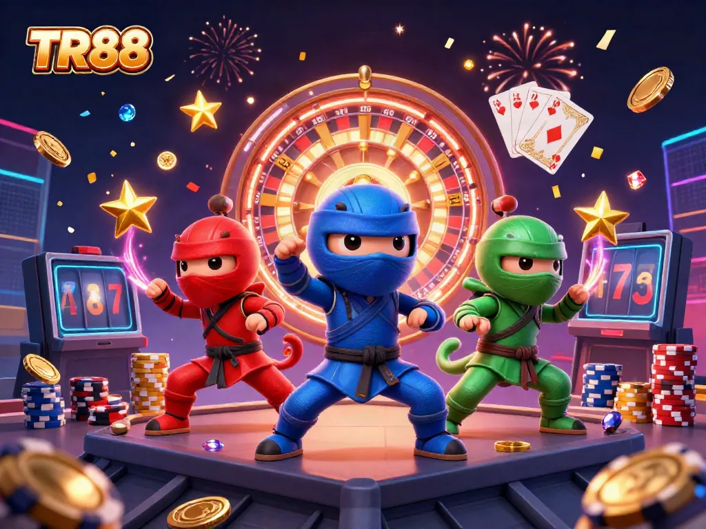 Engage with TR88's thrilling action as chameleon ninjas celebrate wins amidst gold coins and roulette
