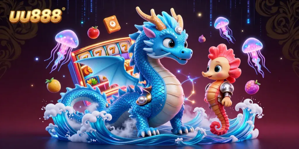 Win big with uu888's vibrant 3D gaming illustration featuring slots, dynamic characters, and casino elements.