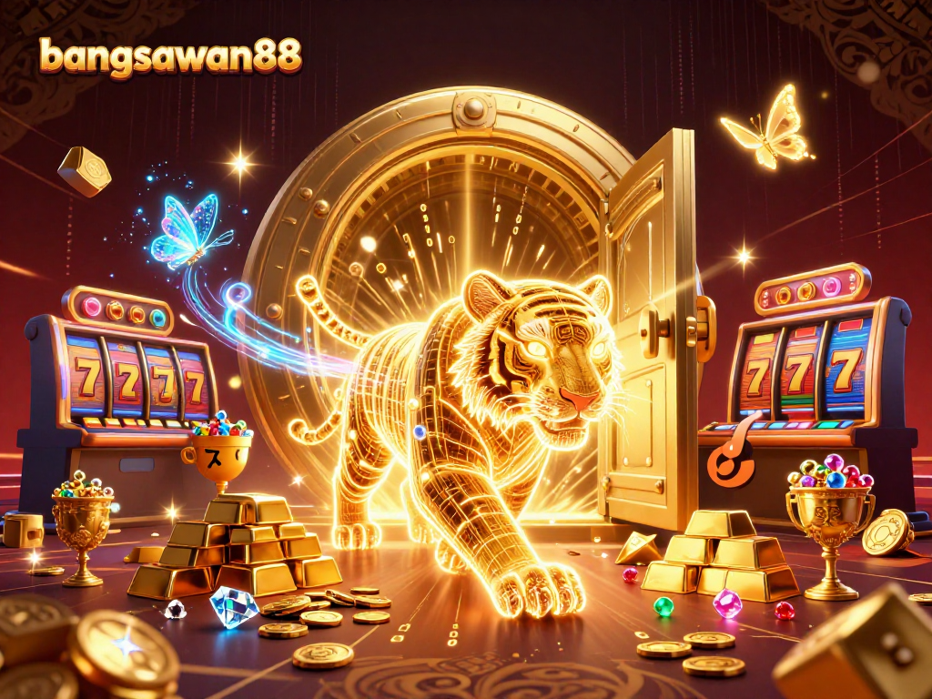 Experience the excitement of bangsawan88 with a dazzling scene featuring a golden tiger and casino treasures.