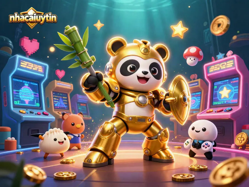 Engage with the nhacaiuytin scene featuring a mech-suit panda in a lively casino inspired arena.