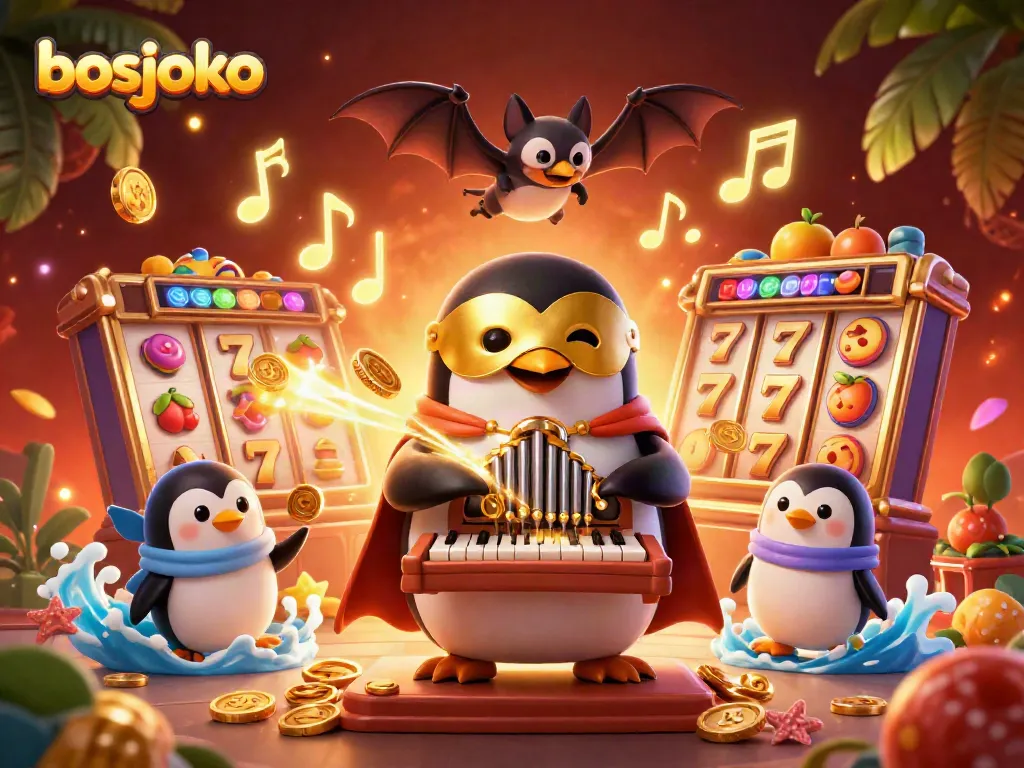 Experience thrilling casino adventures with bosjoko, depicted in a dynamic 3D scene of characters and slot elements.