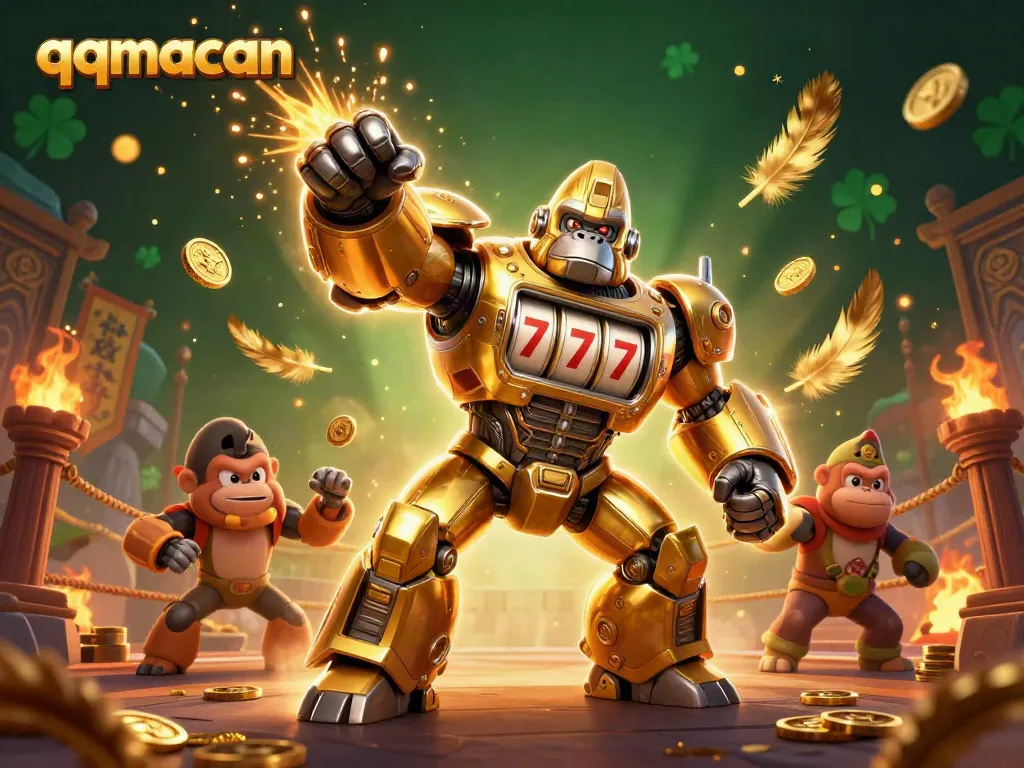 Experience the thrilling world of qqmacan with a dynamic golden gorilla mech and casino theme